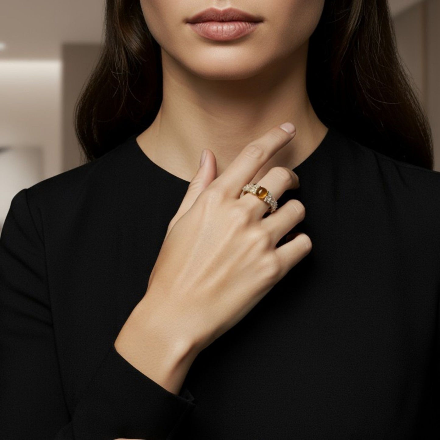 Women's Gemstone Accent Ring with Crystal-Embellished Band and Polished Finish