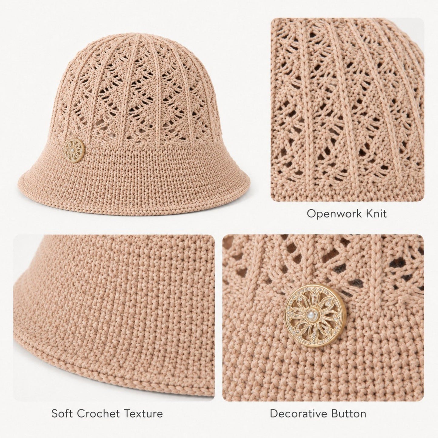 Crochet Knit Bucket Hat with Open Weave Crown and Soft Short Brim