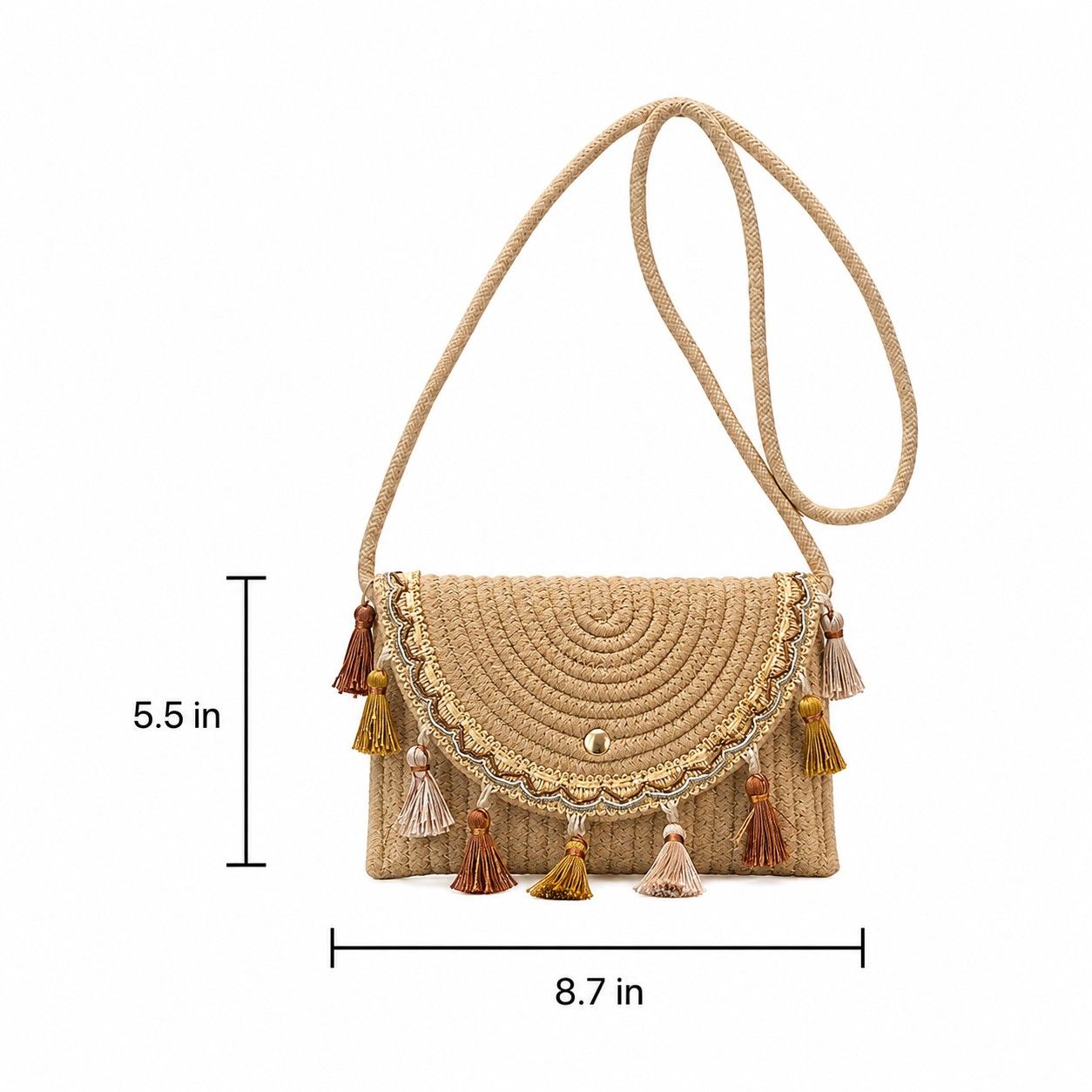 Boho Woven Fabric Crossbody Bag with Tassel Trim and Magnetic Closure