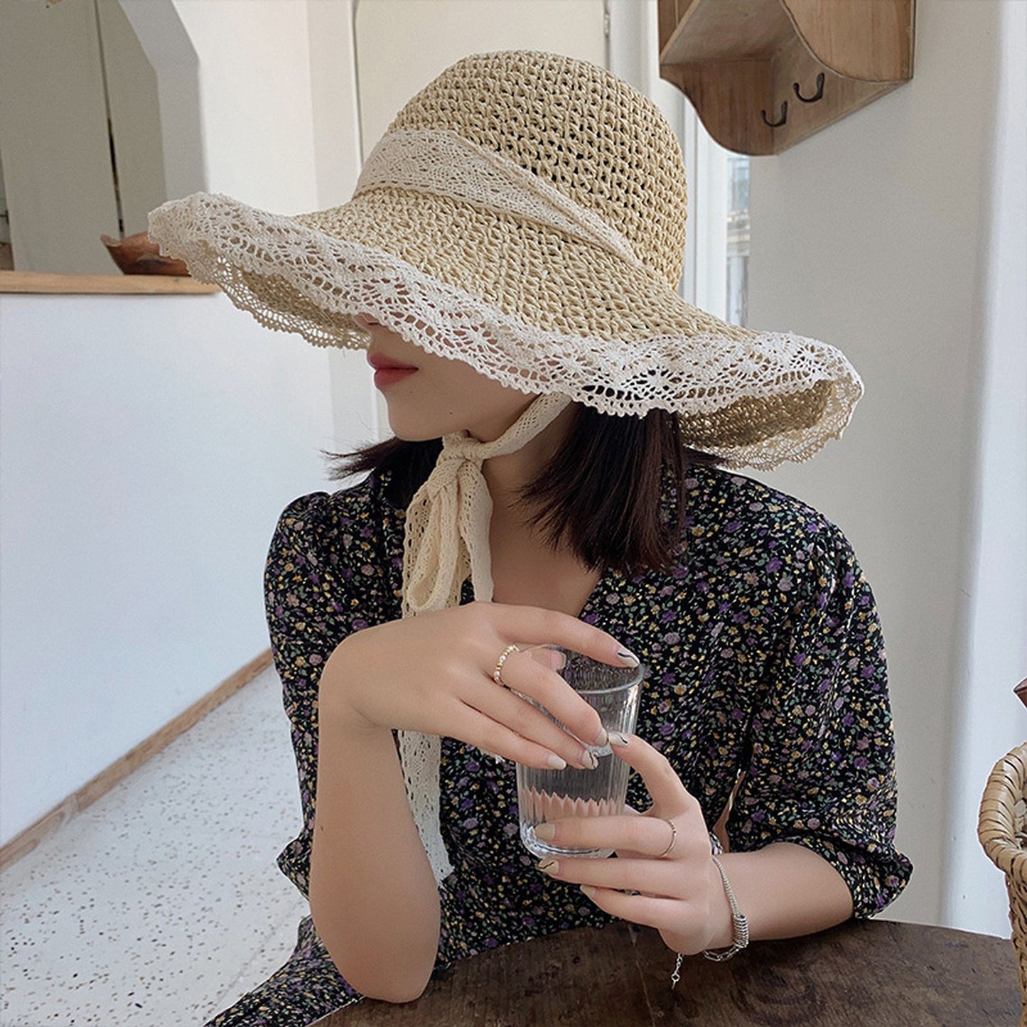 Crochet Straw Sun Hat with Lace Trim & Bow