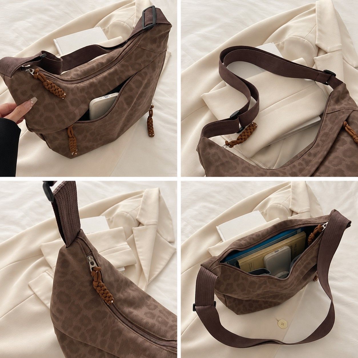 Leopard Faux Suede Hobo Crossbody Bag with Adjustable Strap and Zip Closure