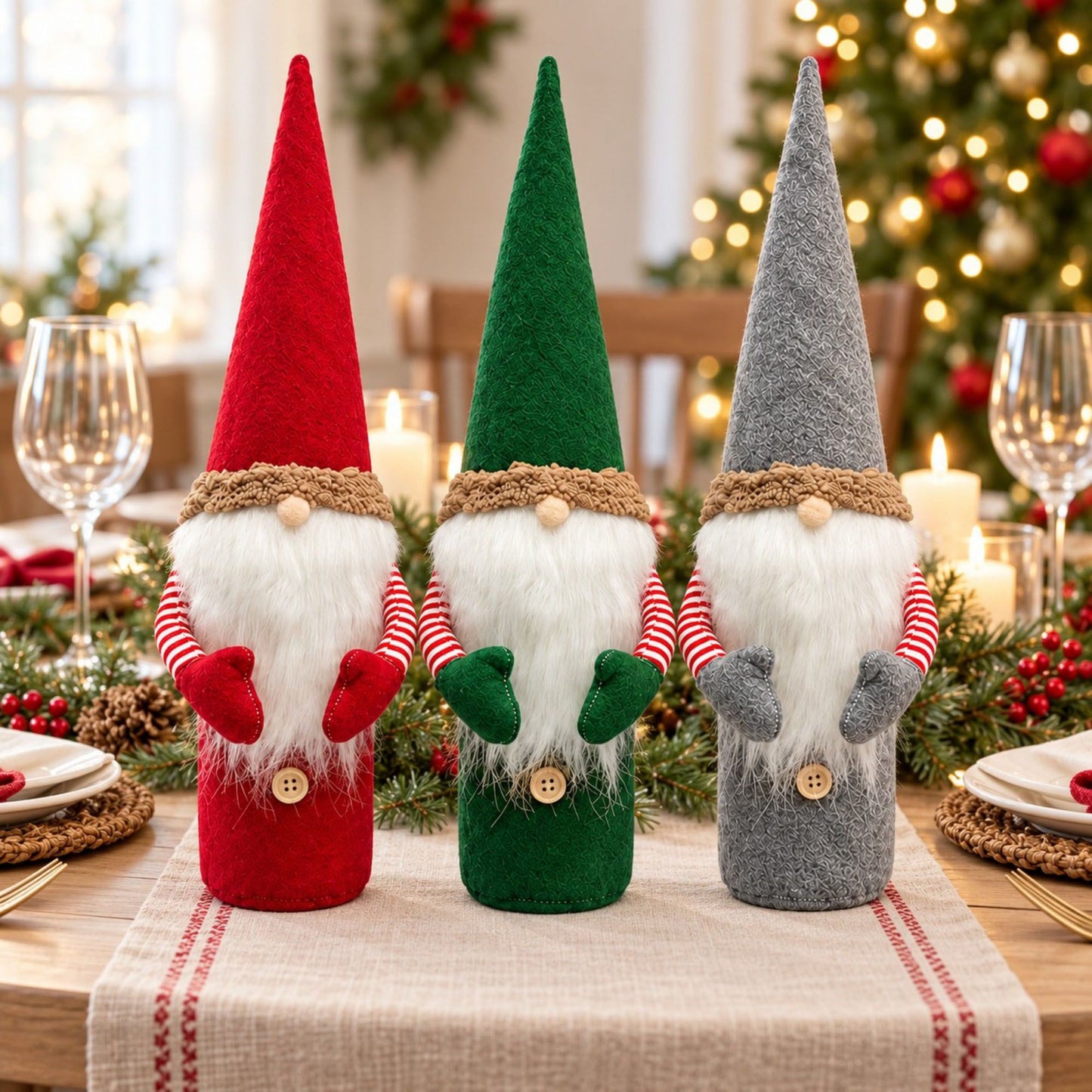 3pk Christmas Gnome Wine Bottle Covers