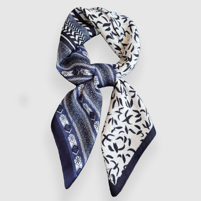 Geometric and Leaf Print Satin Square Scarf with Contrasting Patterns 27x27in