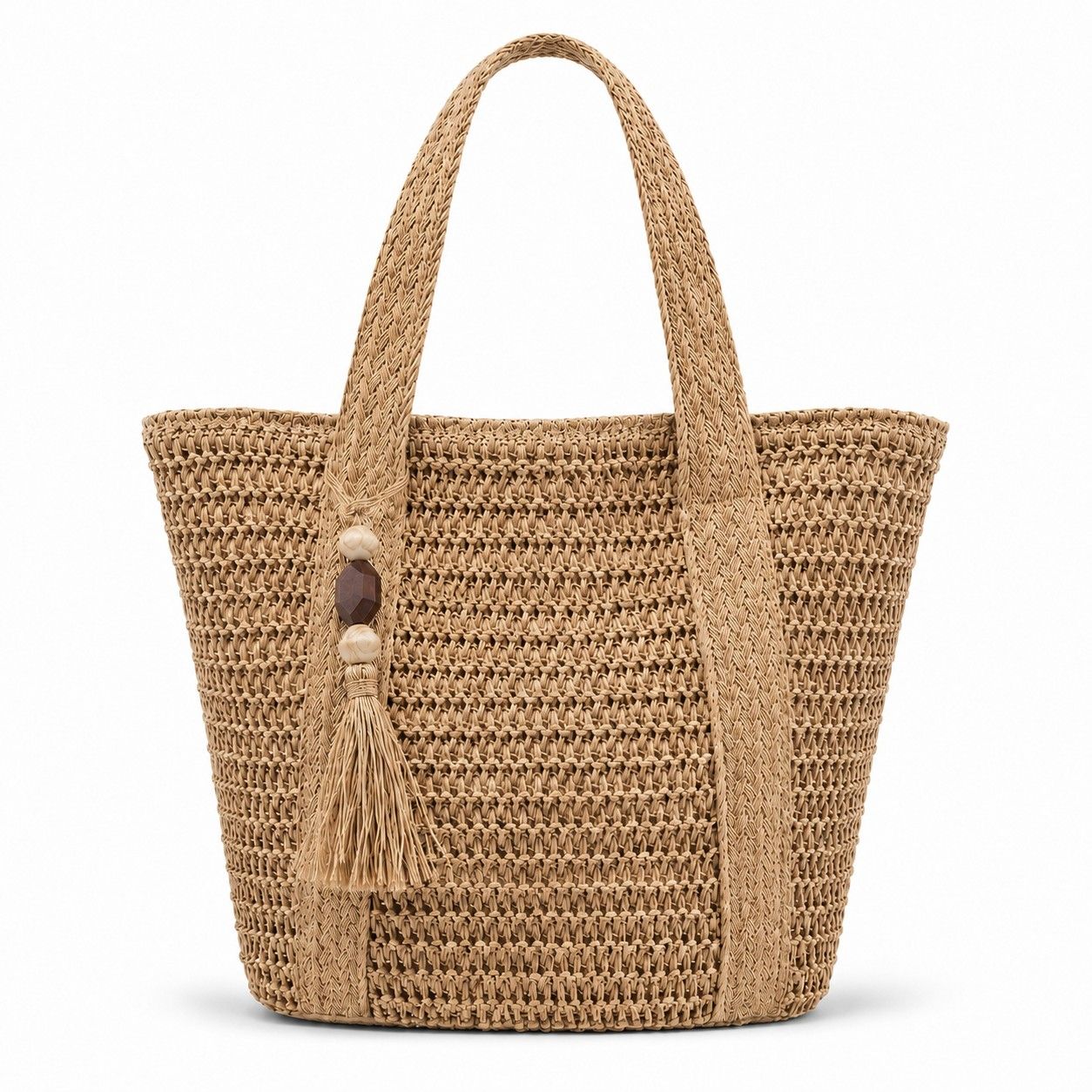 Woven Straw Tote Bag Large Capacity Zip Top Shoulder Carryall with Tassel Accent