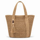 Woven Straw Tote Bag Large Capacity Zip Top Shoulder Carryall with Tassel Accent