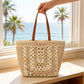Woven Crochet Tote Bag with Openwork Panel Design Leather Shoulder Strap Lightweight Knit Handbag