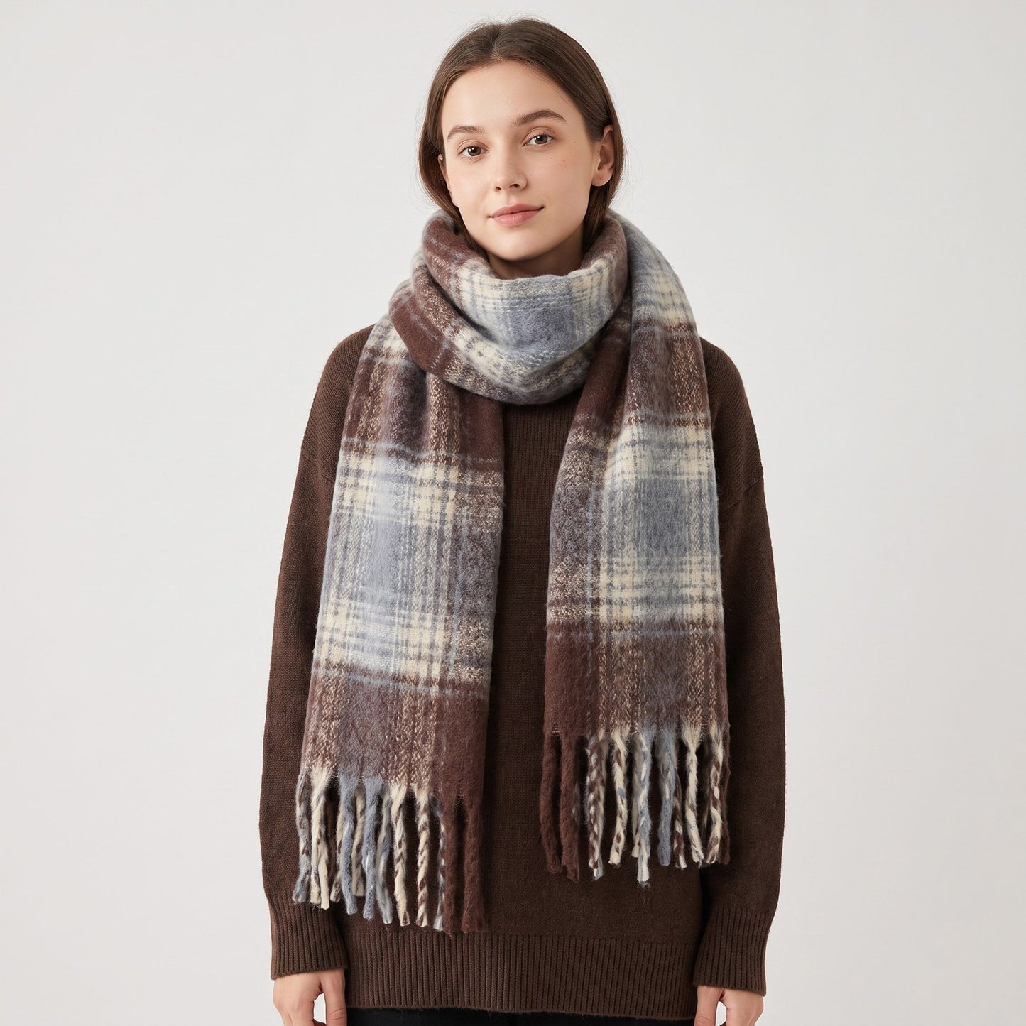 Oversized Plaid Scarf with Fringe Soft Brushed Winter Wrap