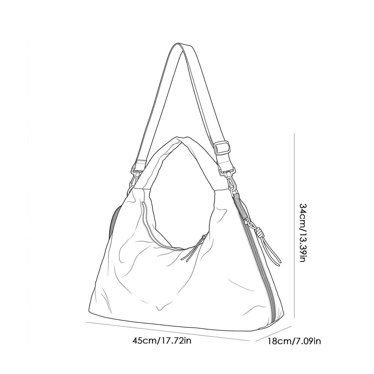 Large Nylon Hobo Shoulder Bag with Adjustable Crossbody Strap and Side Zip Pocket