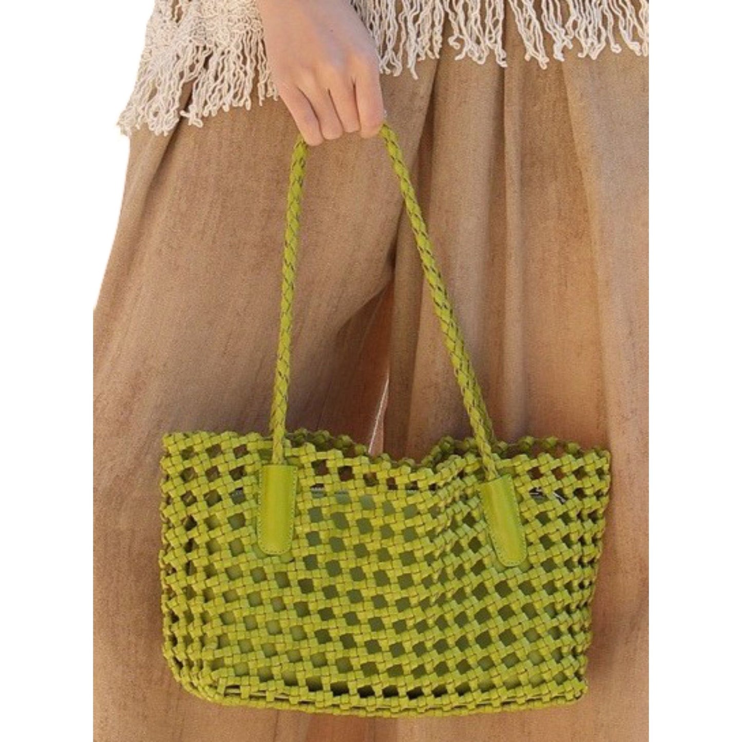 Open Weave Leather Tote Bag with Braided Shoulder Straps and Interior Zip Compartment