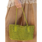 Open Weave Leather Tote Bag with Braided Shoulder Straps and Interior Zip Compartment