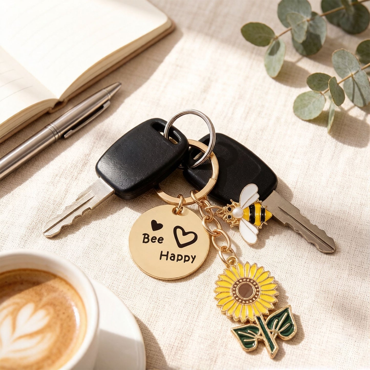 2 Pack Bee Happy Sunflower Keychain with Bee Charm Round Tag and Key Ring Bag Accessory