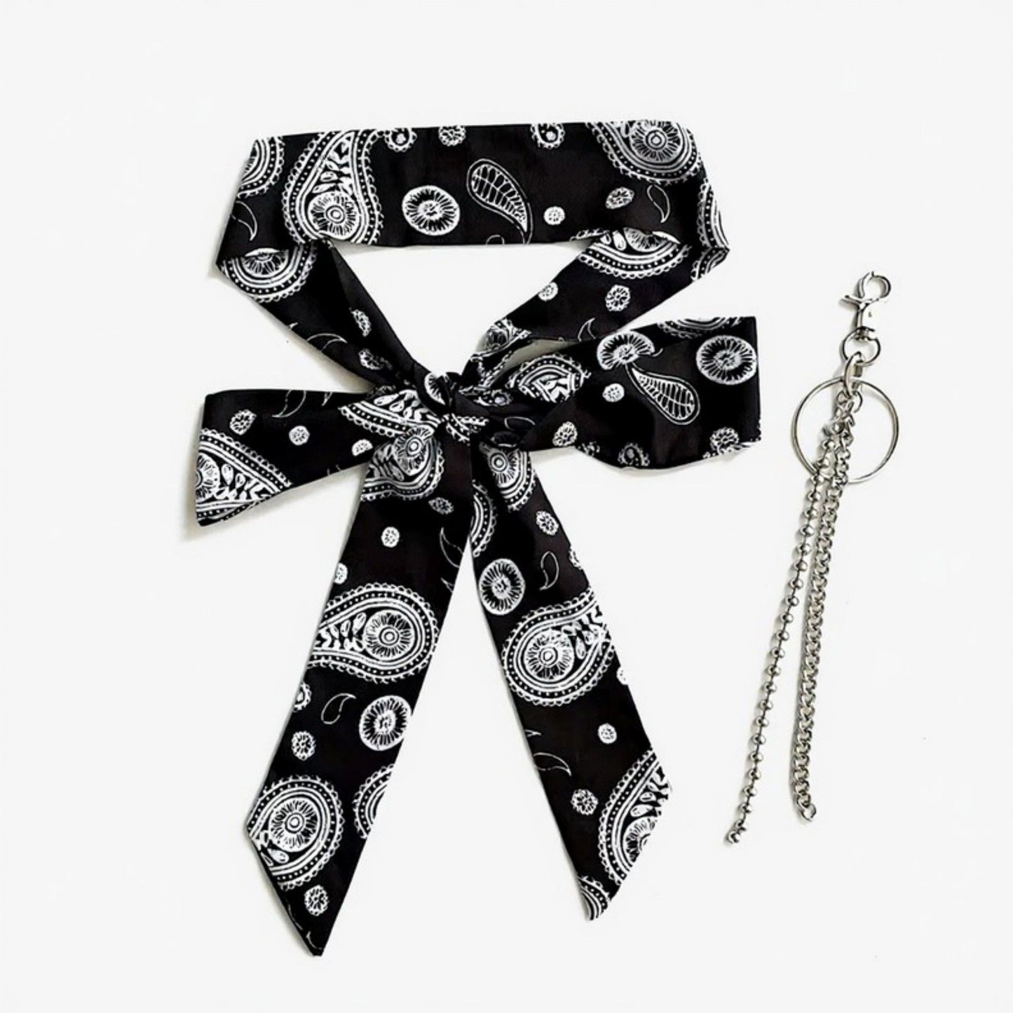 Paisley Print Scarf Belt with Large Bow Tie Front and Metal Chain Accent 78.5in