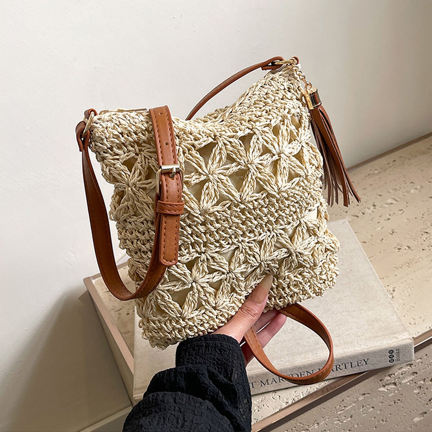 Women's Bohemian Crochet Shoulder Bag with Leather Straps