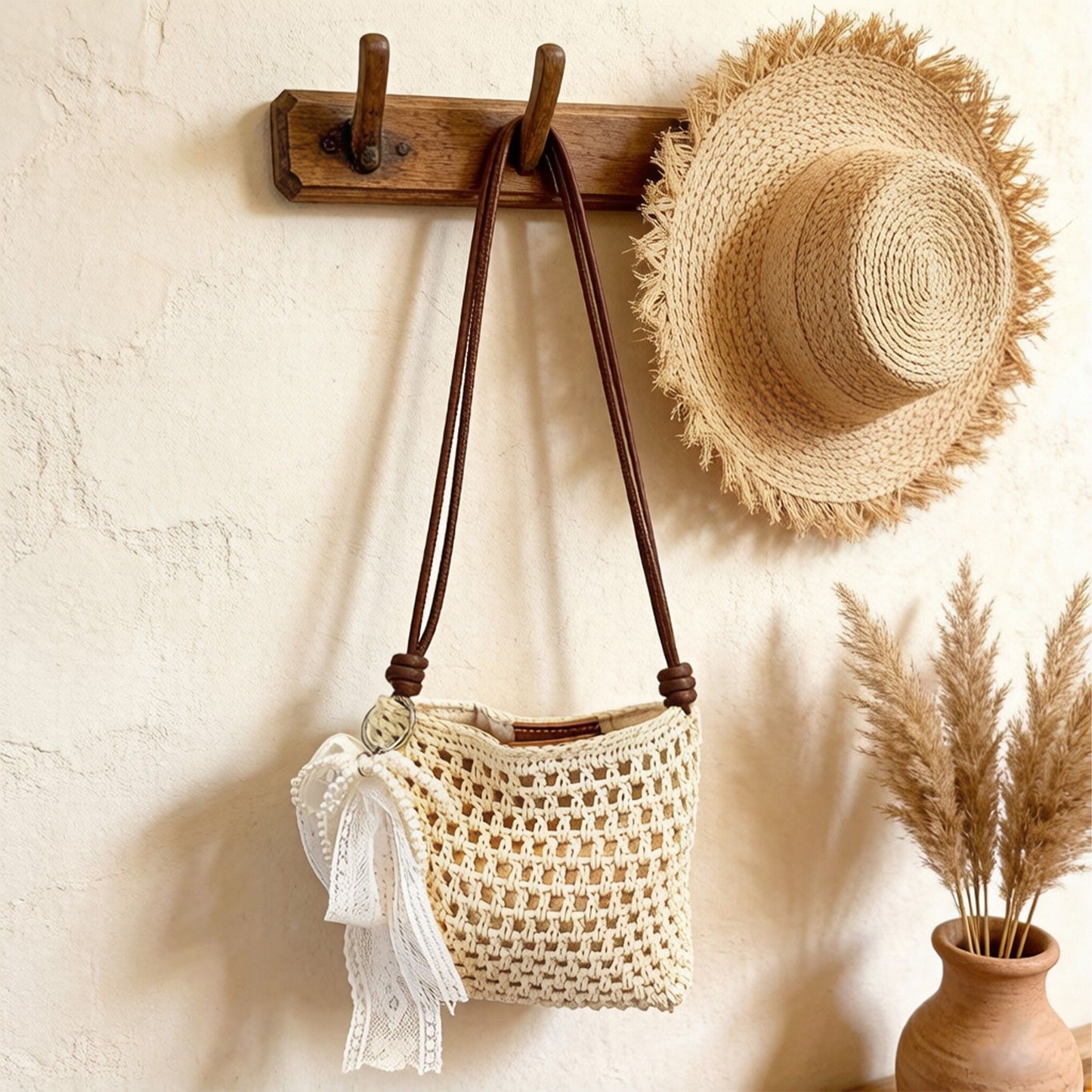 Crochet Crossbody Bag with Lace Bow Detail Lightweight Knit Shoulder Bag Small Casual Handbag