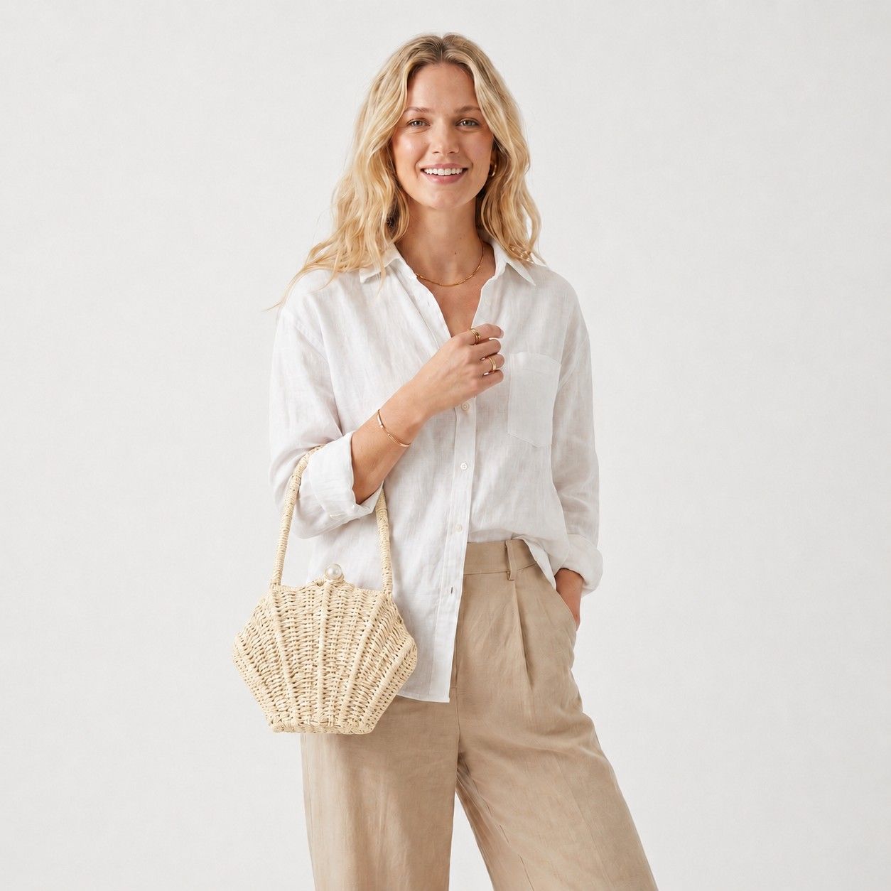 Shell Woven Top Handle Bag with Pearl Button and Detachable Chain Strap