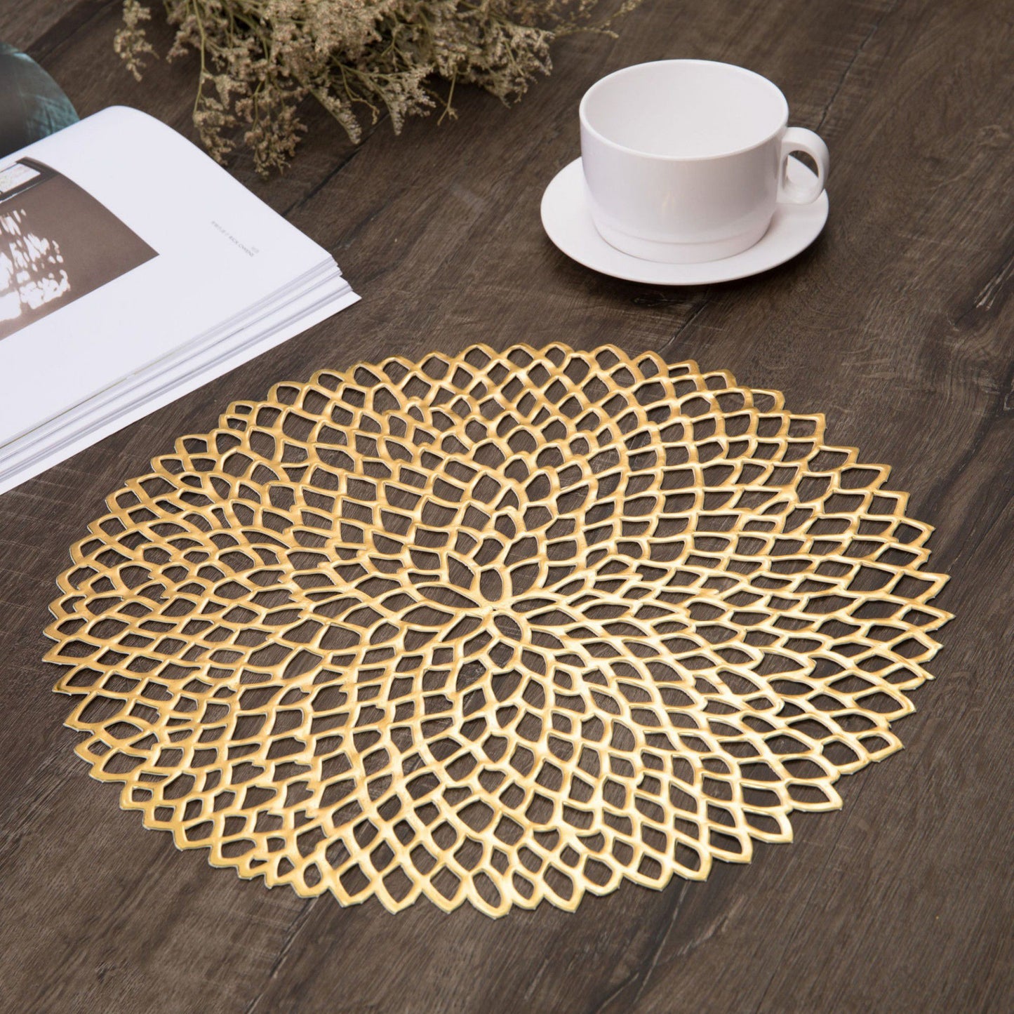 4 Set Round Geometric Cutout Placemats with Modern Floral Design 15in