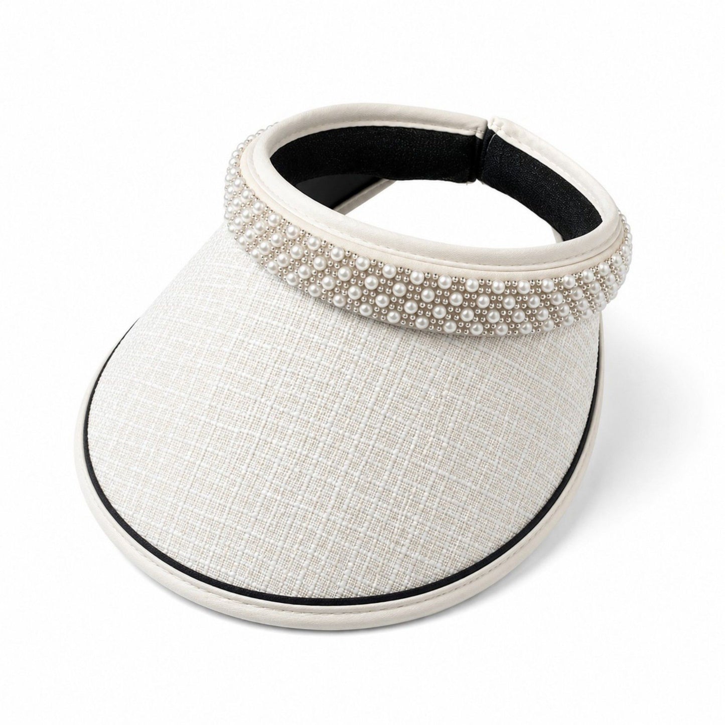 Wide Brim Visor Hat with Faux Pearl Embellished Band and Open Top Design