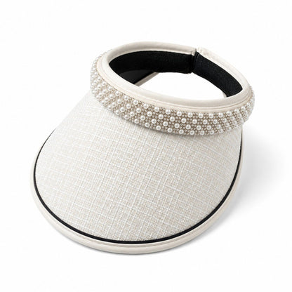 Wide Brim Visor Hat with Faux Pearl Embellished Band and Open Top Design