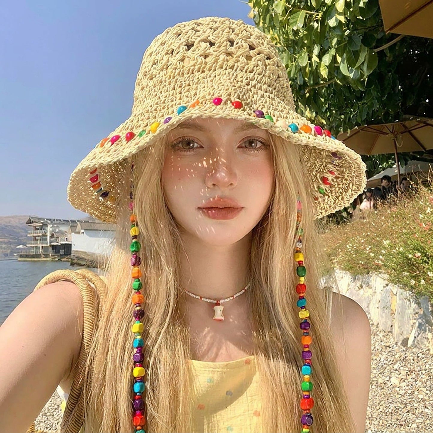 Crochet Bucket Sun Hat with Beaded Chin Strap and Open Weave Brim
