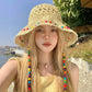 Crochet Bucket Sun Hat with Beaded Chin Strap and Open Weave Brim