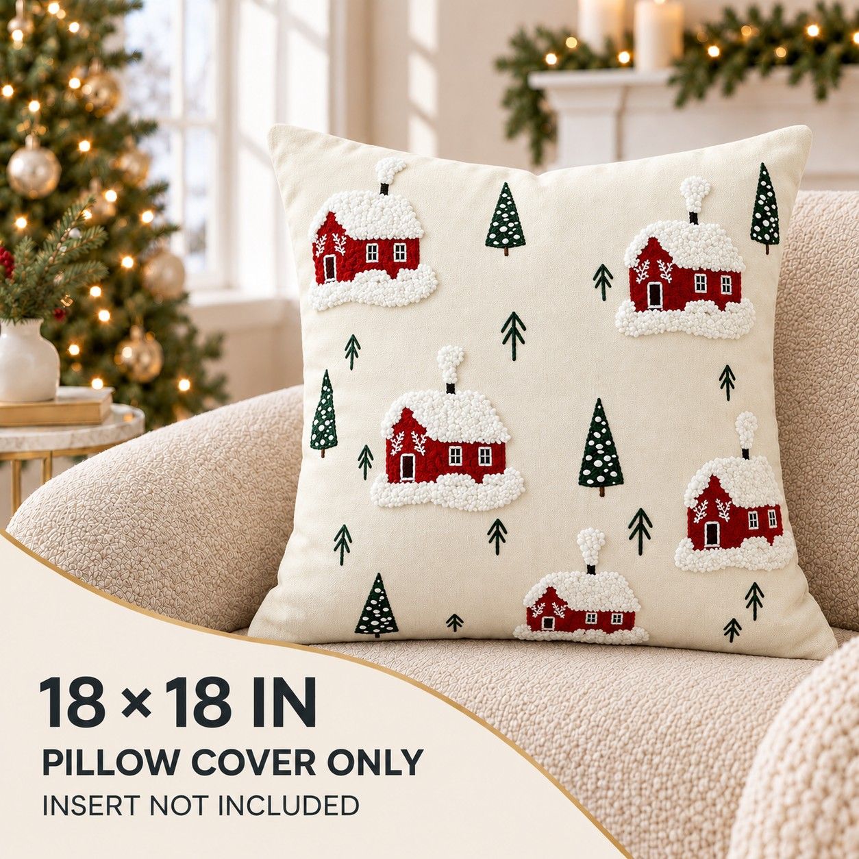 Christmas Embroidered Throw Pillow Cover 18 x 18 Inch Holiday Home Decor