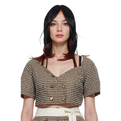 Women's Long Layered Straight Wig Synthetic Hair Fiber with Layered Bangs and Natural Highlights