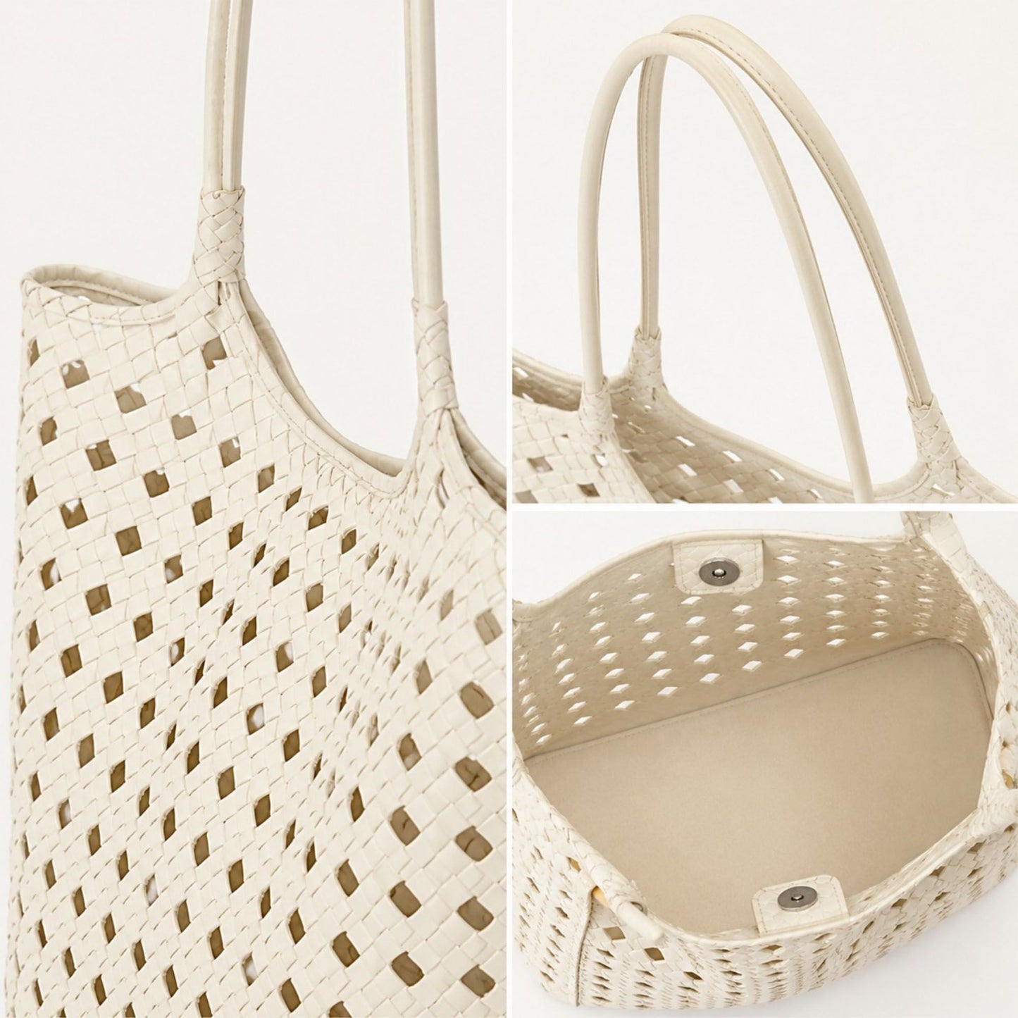 Woven Shoulder Bag with Cutout Design Soft Faux Leather Feel Tote and Inner Pouch