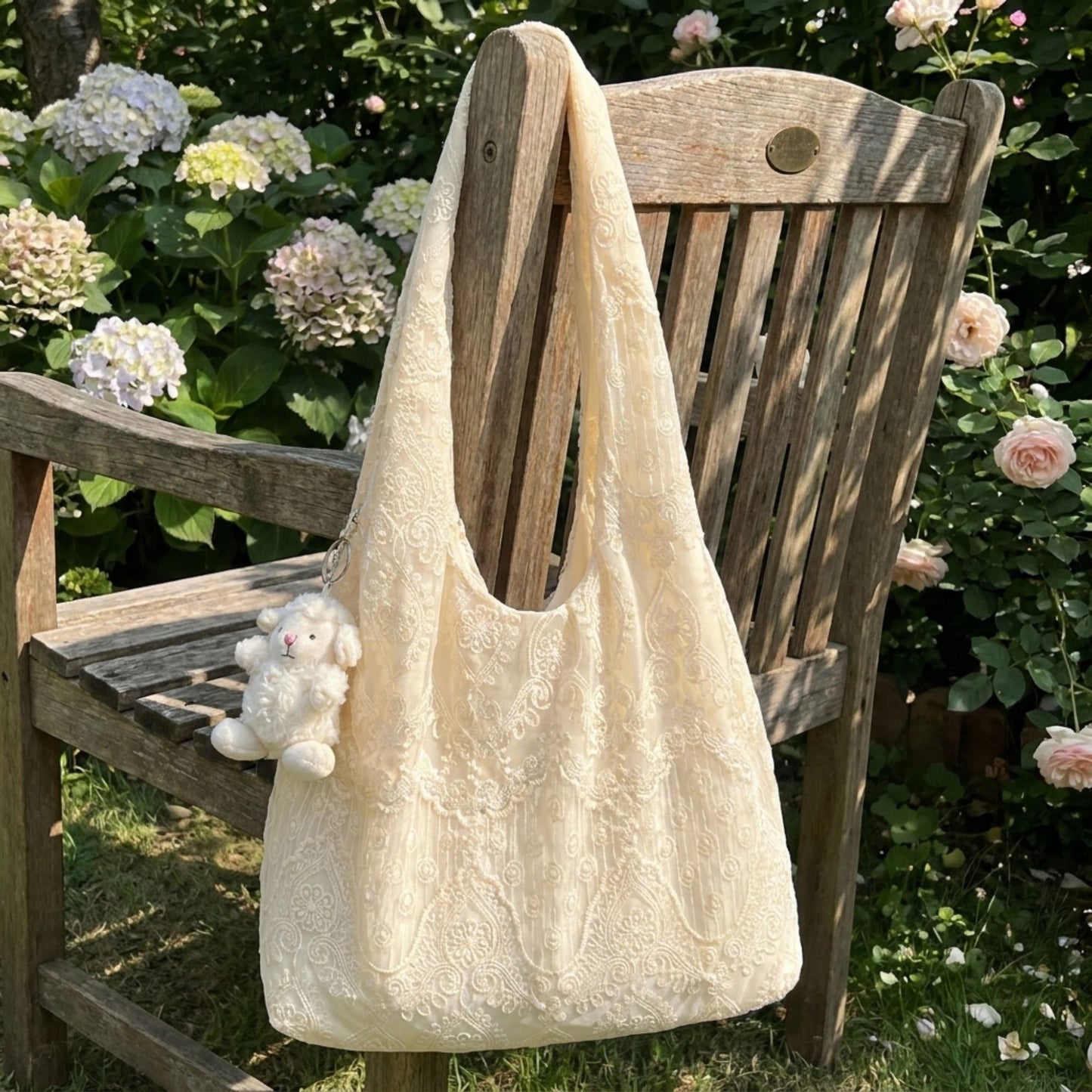 Lace Hobo Shoulder Bag with Floral Embroidery and Inner Pocket