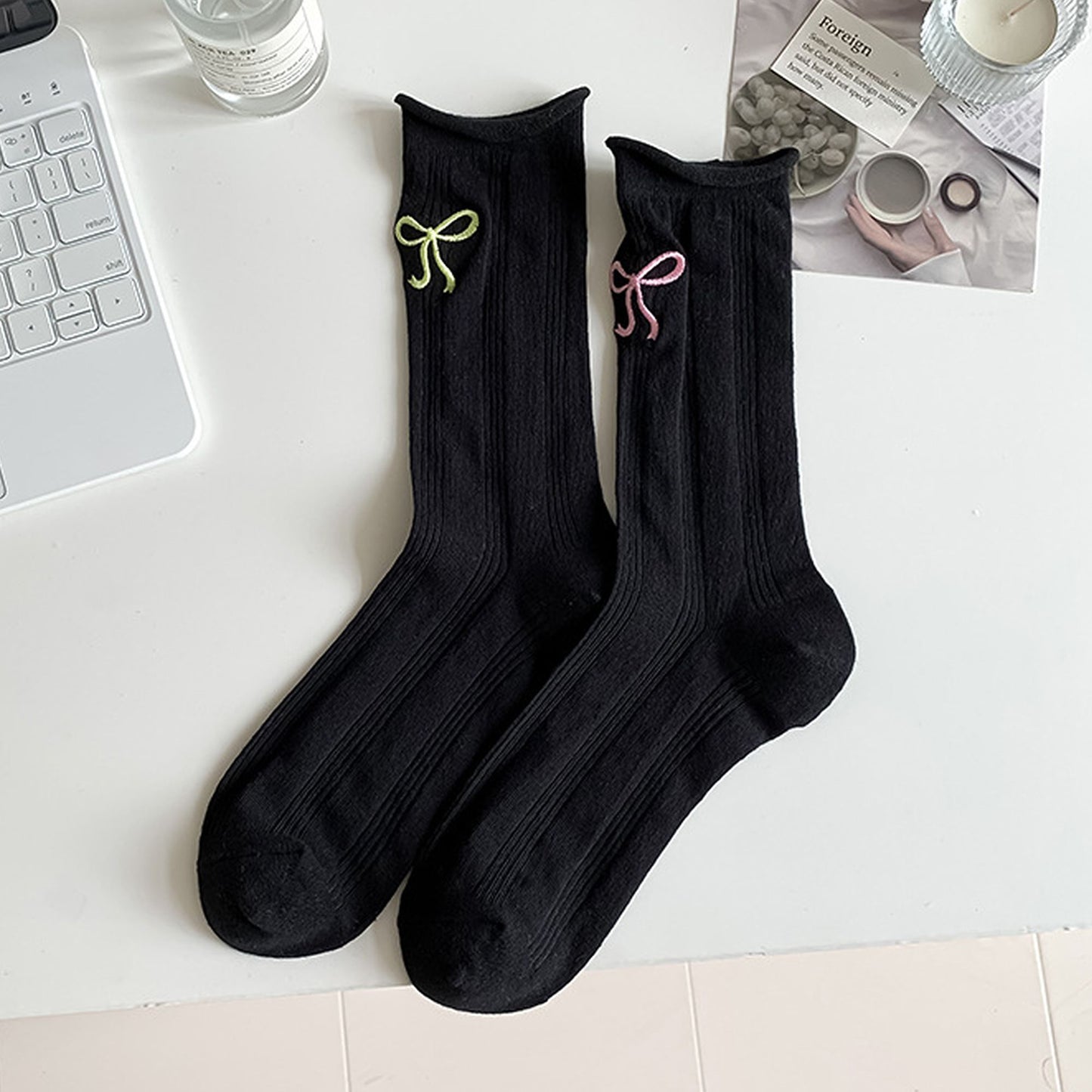 Adorable Bow-Embroidered Ribbed Ankle Socks 5Pk