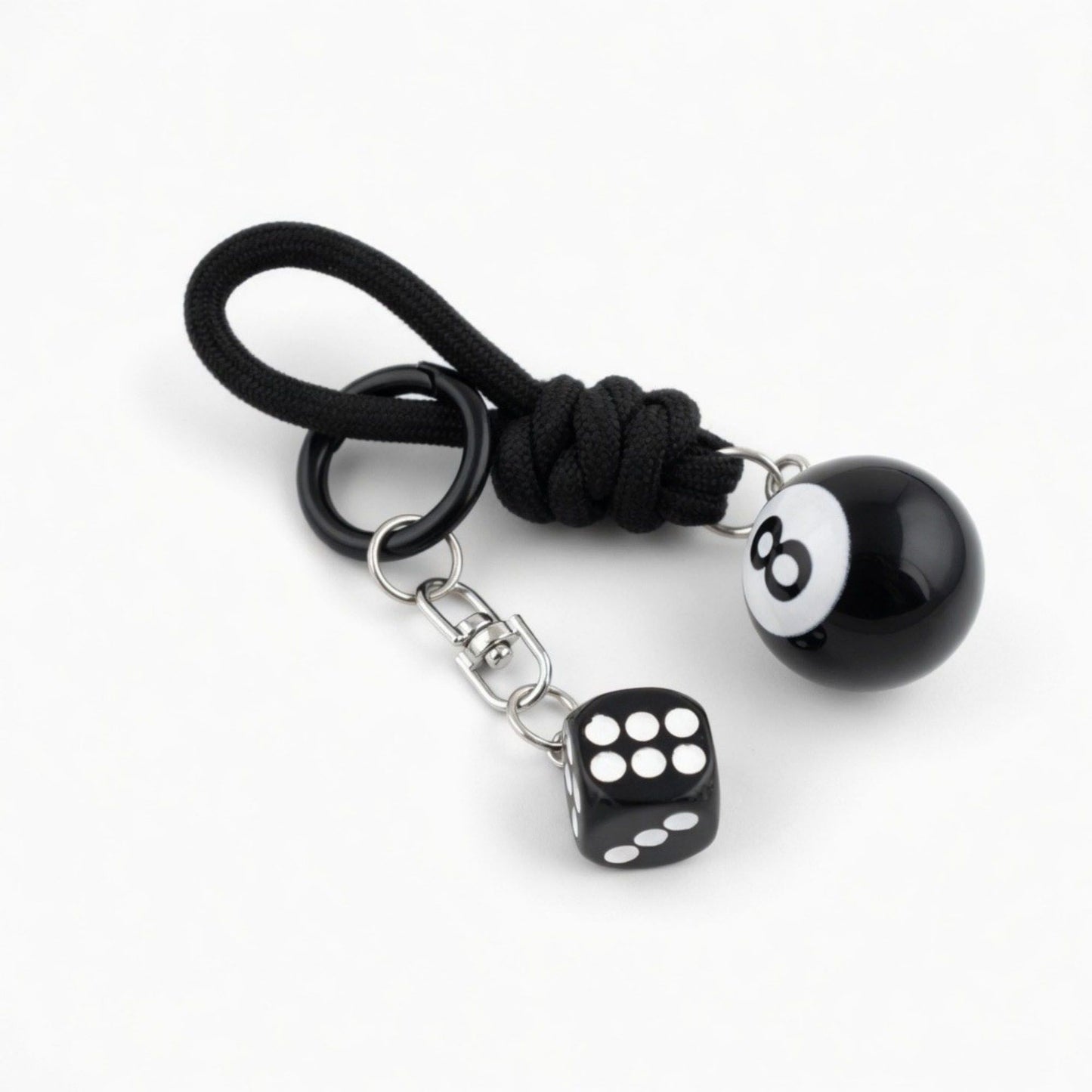 Eight Ball Dice Keychain with Rope Loop Charm Beaded Key Ring Accessory