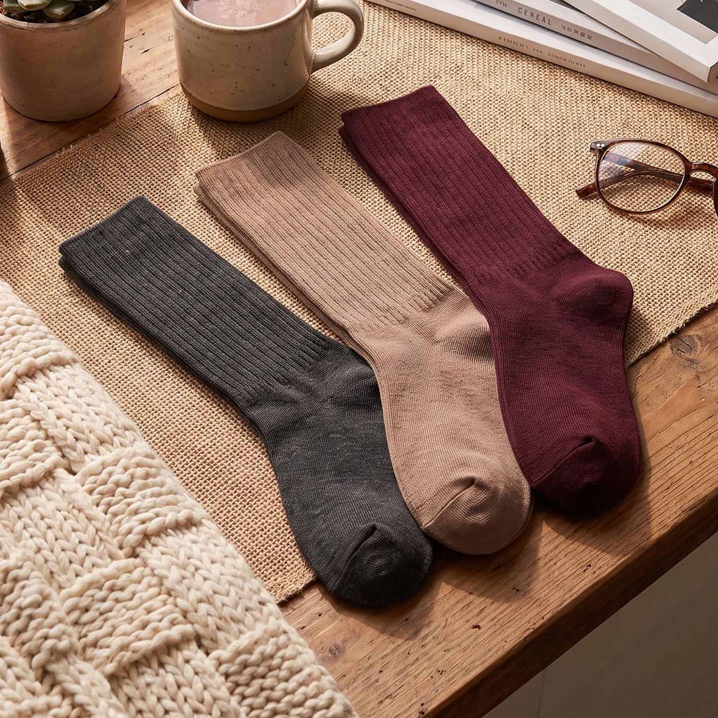 3-Pair Tall Ribbed Knit Crew Socks Set, Soft Slouchy Mid-Calf Casual Socks