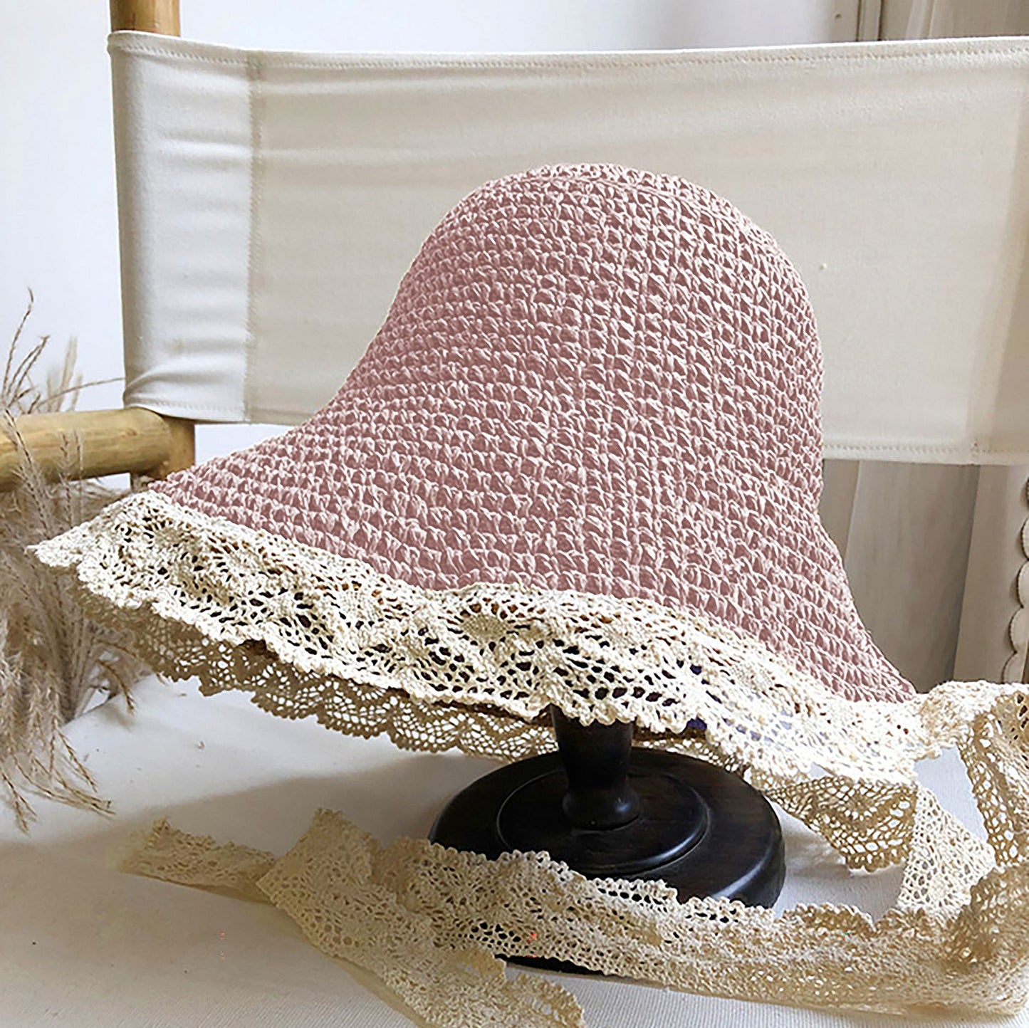 Women's Crochet Straw Hat with Lace Trim and Bow Detail