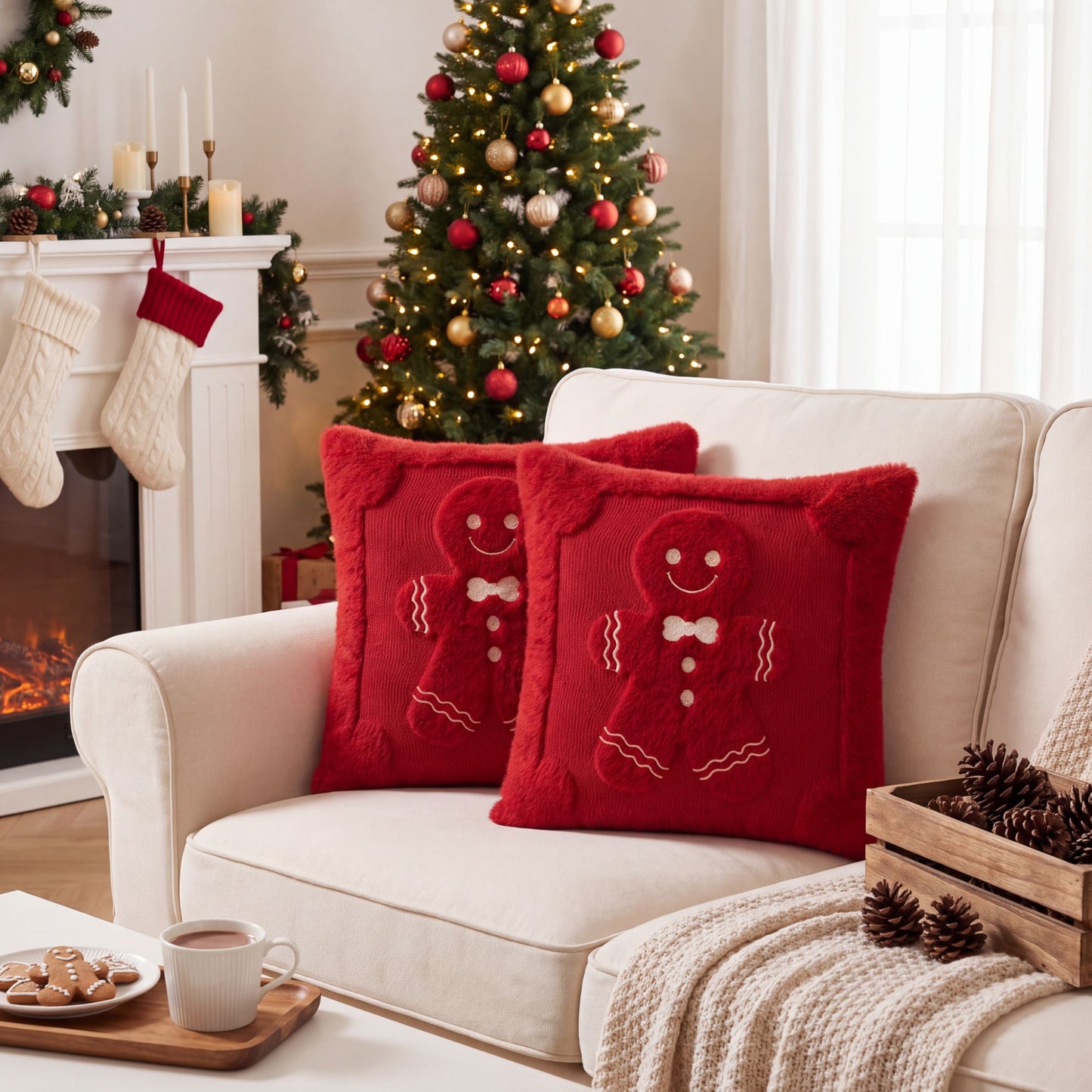 Christmas Gingerbread Throw Pillow Cover Plush Decorative Cushion Cover for Sofa Bed