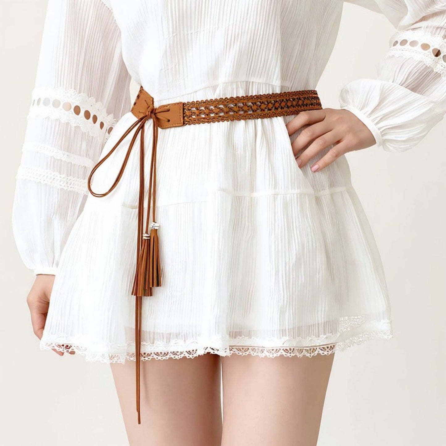 Braided Faux Leather Waist Belt with Tassel Tie Detail 67in
