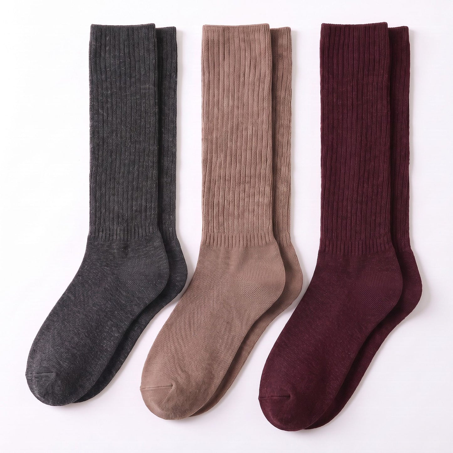 3-Pair Tall Ribbed Knit Crew Socks Set, Soft Slouchy Mid-Calf Casual Socks