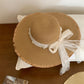 Wide Brim Sun Hat with Lace Band and Frayed Edge