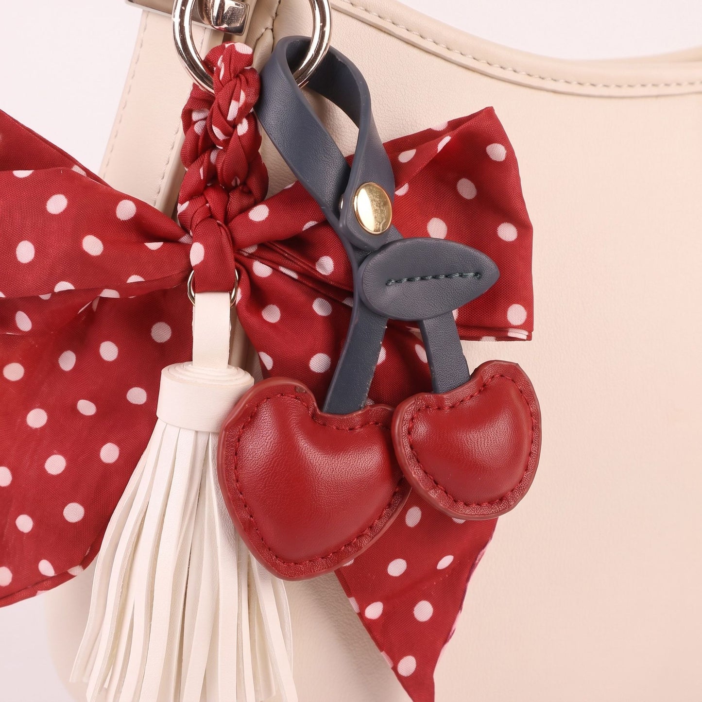 Cherry Bag Charm with Polka Dot Bow Tassel and Key Ring