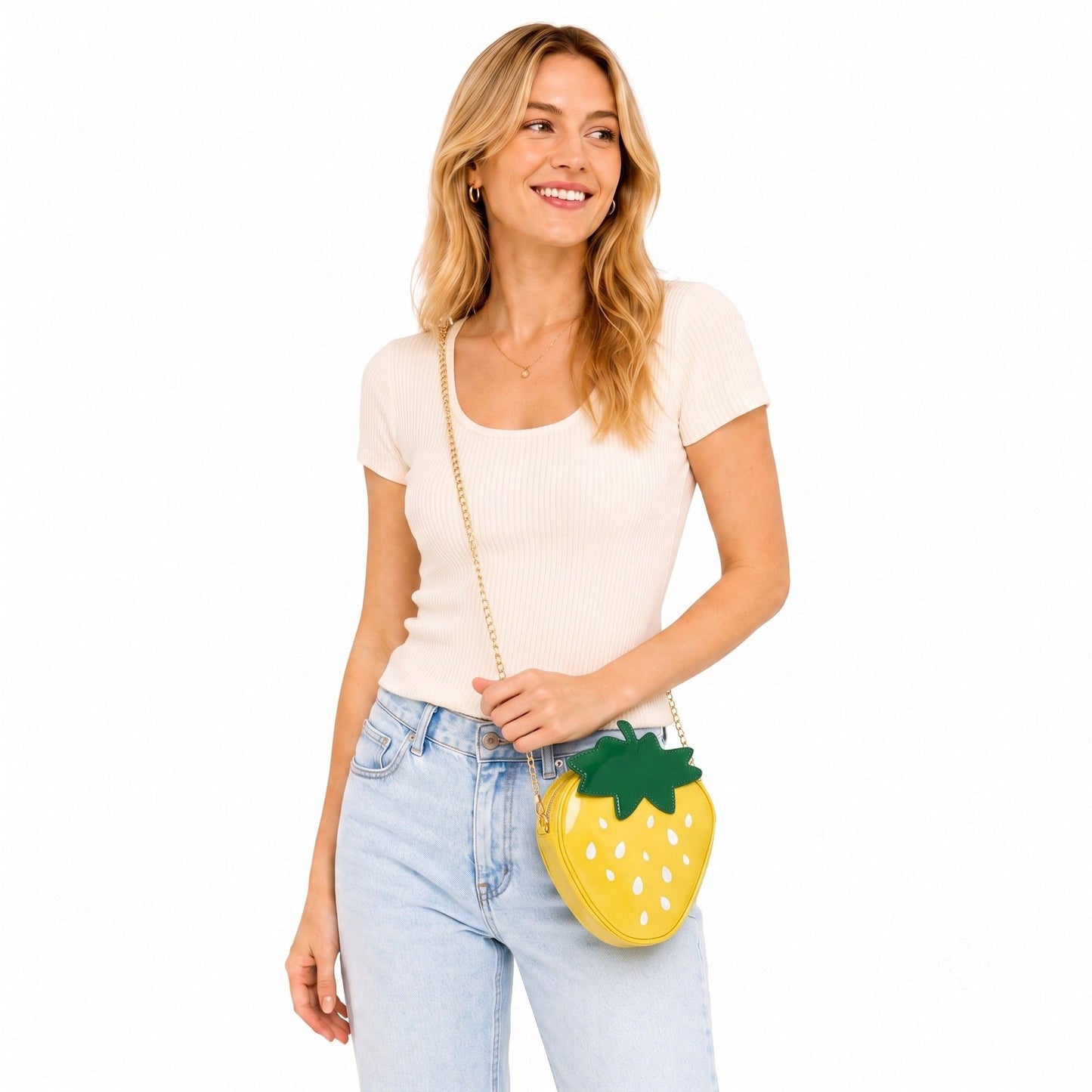 Strawberry Shaped Crossbody Bag with Chain Strap and Zip Closure