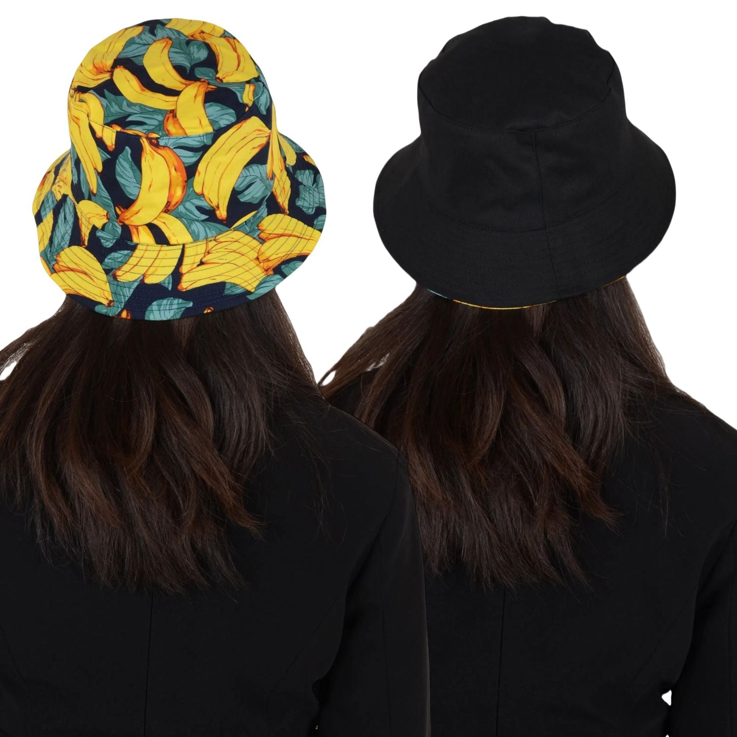 Fruit Print Bucket Hat Double-Side-Wear Reversible Fisherman Hats Summer Foldable Cap for Women- Banana