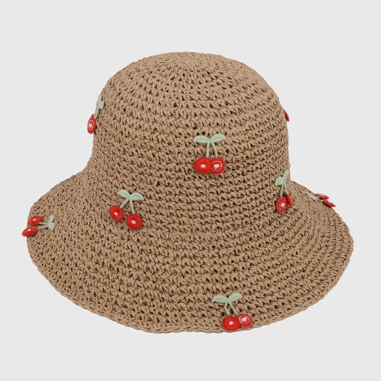 Straw Bucket Hat with Cherry Embellishments