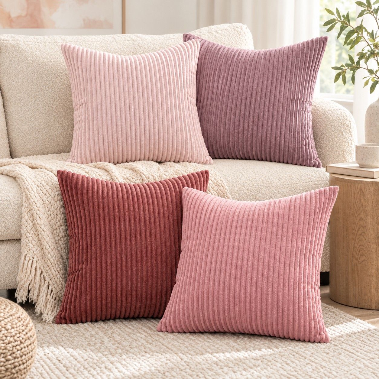 4 Pack Corduroy Throw Pillow Covers 18 x 18 Inch Wide Stripe Texture