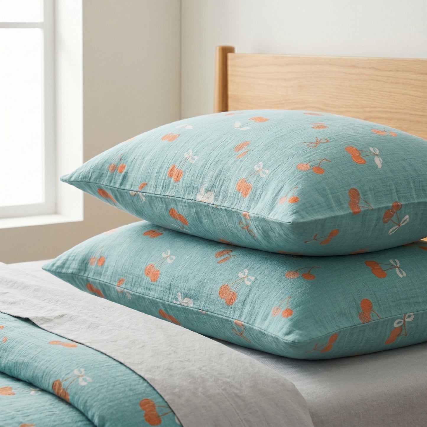 4-Piece Cotton Bedding Set with Cherry Print Duvet Cover and Pillowcases