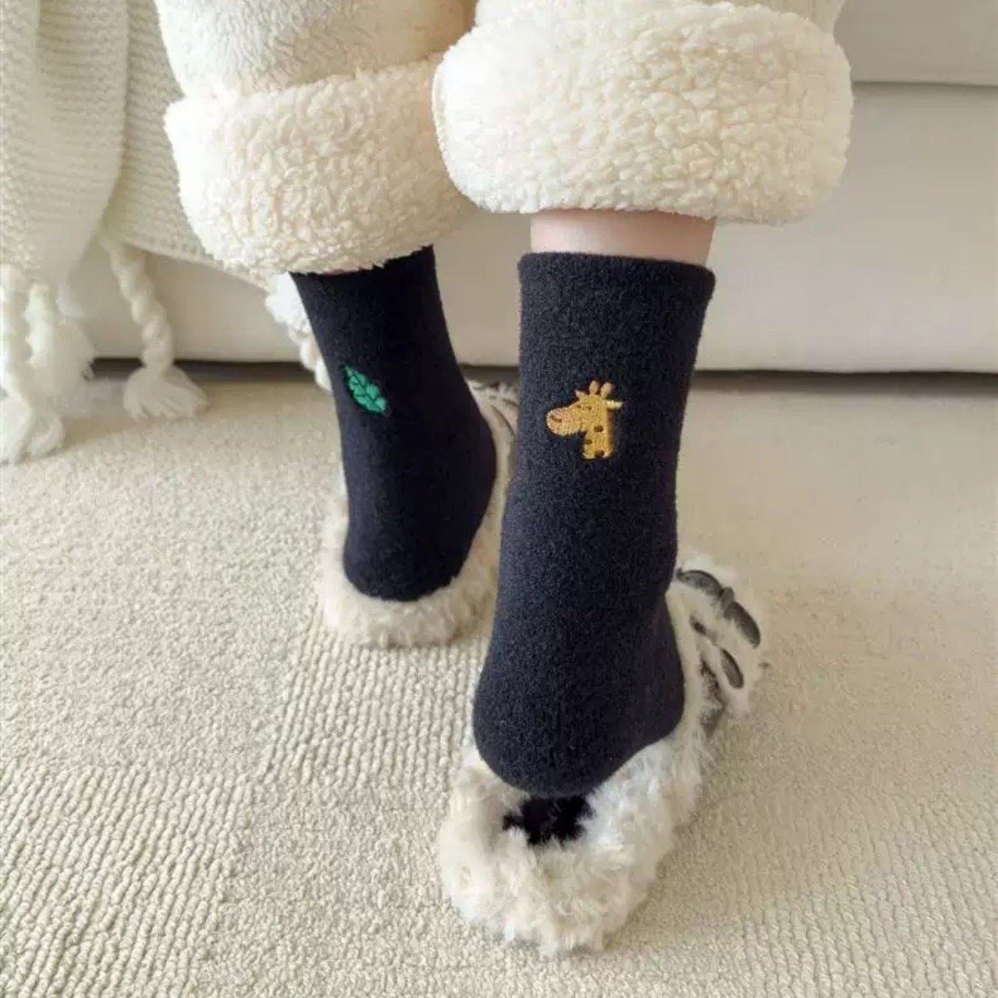3-Pair Fuzzy Crew Sock Set with Cute Embroidery US 5¨C10