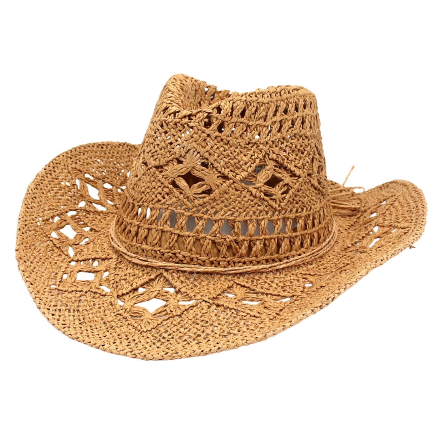 Open Weave Western Sun Hat with Wide Brim and Boho Floral Pattern