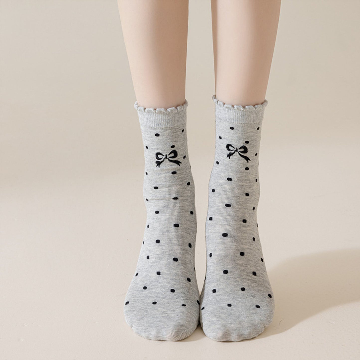 3-Pair Soft Polka Dot Socks with Bow Embroidery and Ruffled Cuff Design