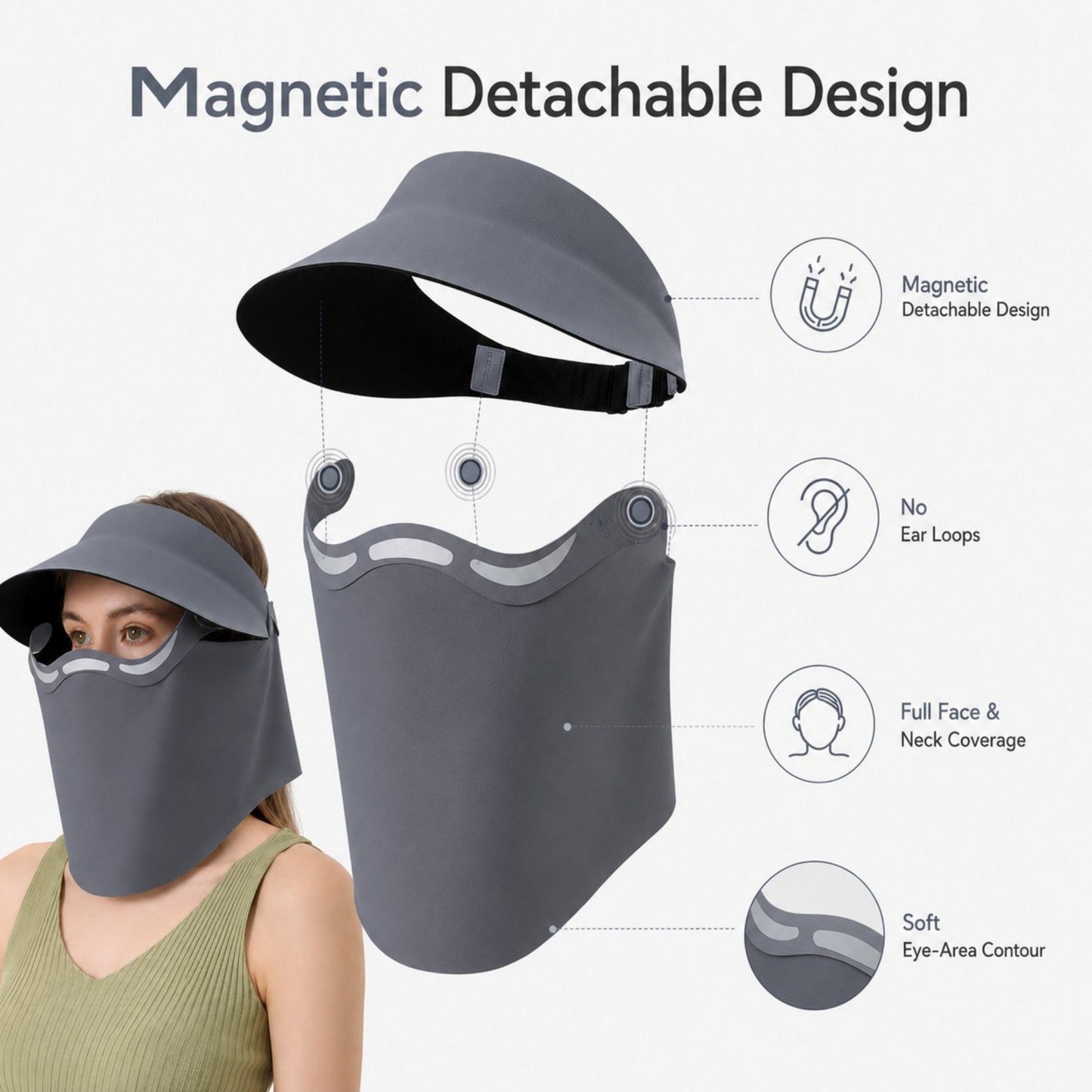 Magnetic Detachable Face Cover Visor Hat with Wide Brim and Neck Coverage