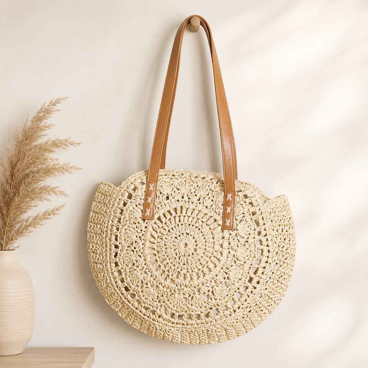 Round Woven Straw Tote Bag with Zip Closure Shoulder Handles and Slip Pocket