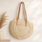 Round Woven Straw Tote Bag with Zip Closure Shoulder Handles and Slip Pocket