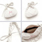 Small Bow Embroidered Shoulder Bag with Ruched Strap and Zip Closure