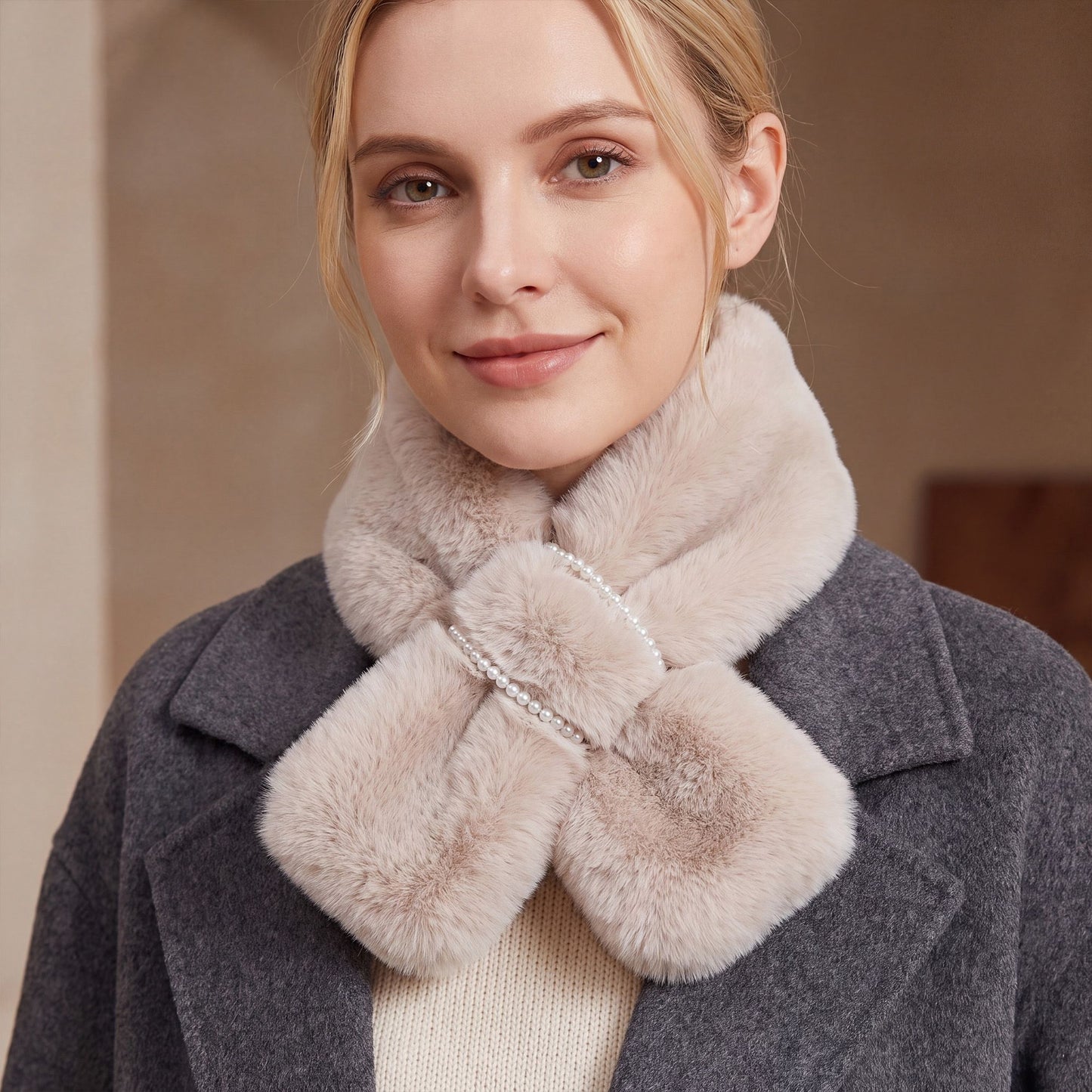 Plush Faux Fur Scarf Soft Slip Through Neck Warmer with Pearl Look Bead Trim 31.5*4.7 Inches